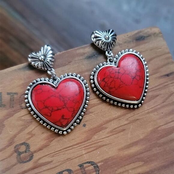 ♡ Valentines Gift ♡Deep Red Stone Alloy Heart Dangle Earrings - Picture 3 of 7